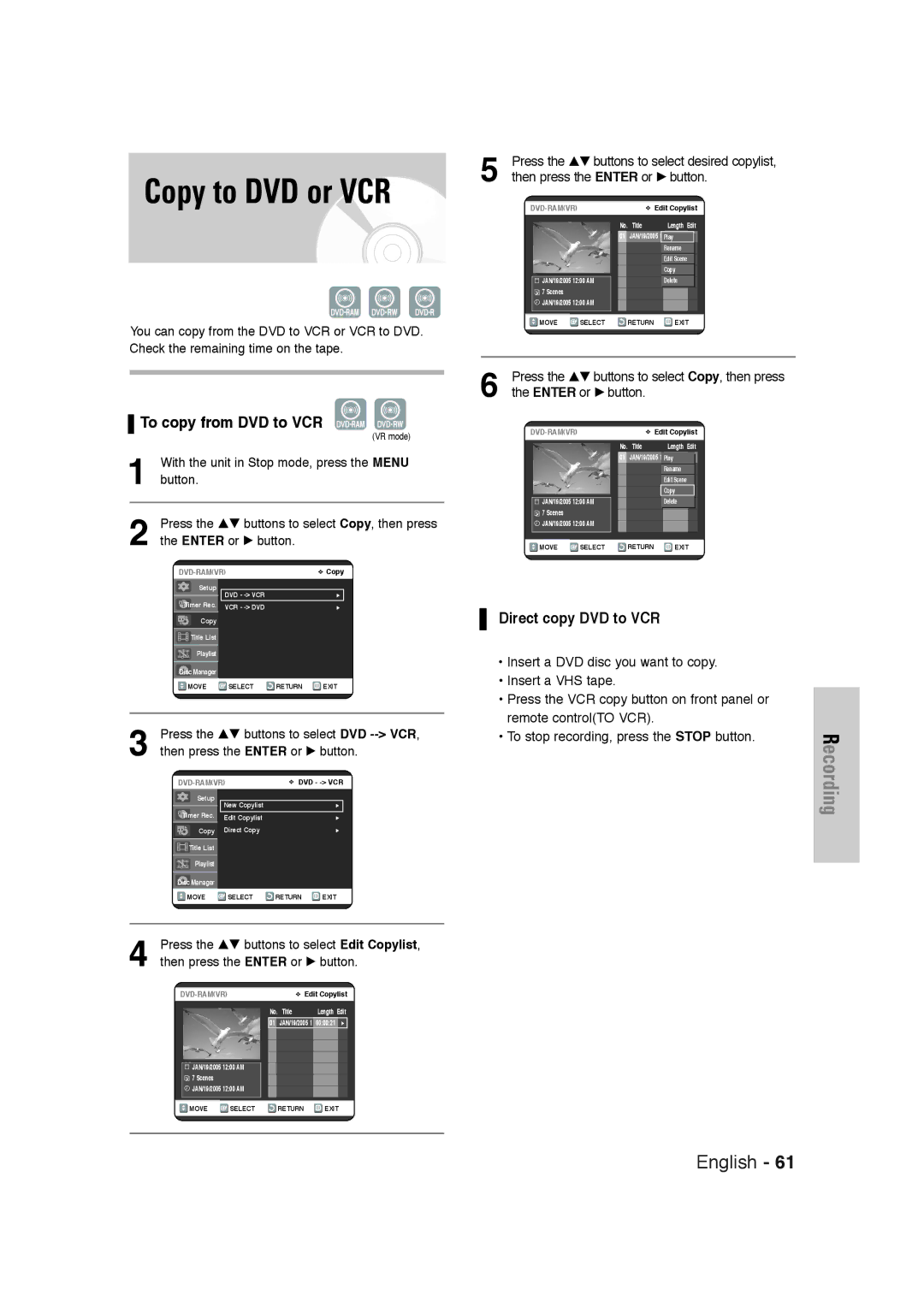 Samsung DVD-VR320 instruction manual Copy to DVD or VCR, To copy from DVD to VCR, Direct copy DVD to VCR 