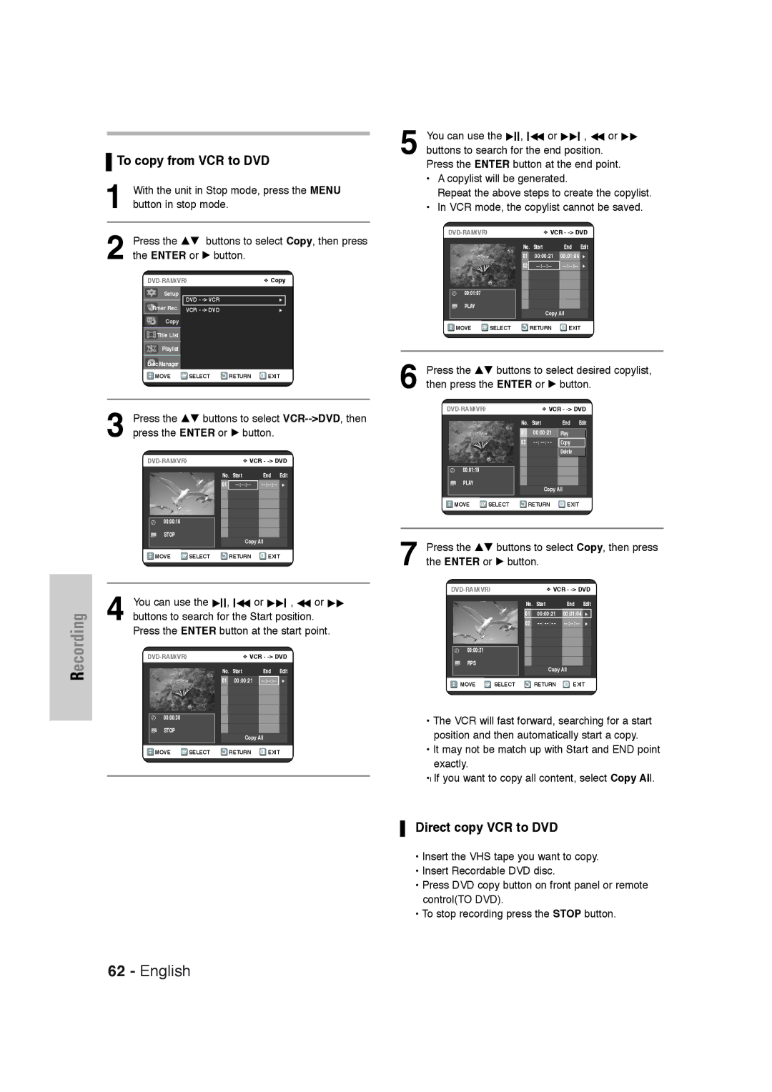 Samsung DVD-VR320 instruction manual To copy from VCR to DVD, Direct copy VCR to DVD 