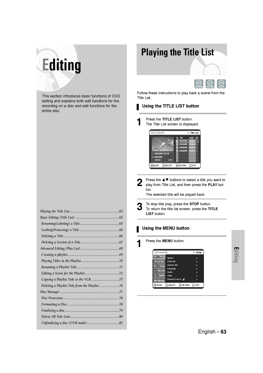 Samsung DVD-VR320 instruction manual Playing the Title List, Using the Title List button, Using the Menu button 