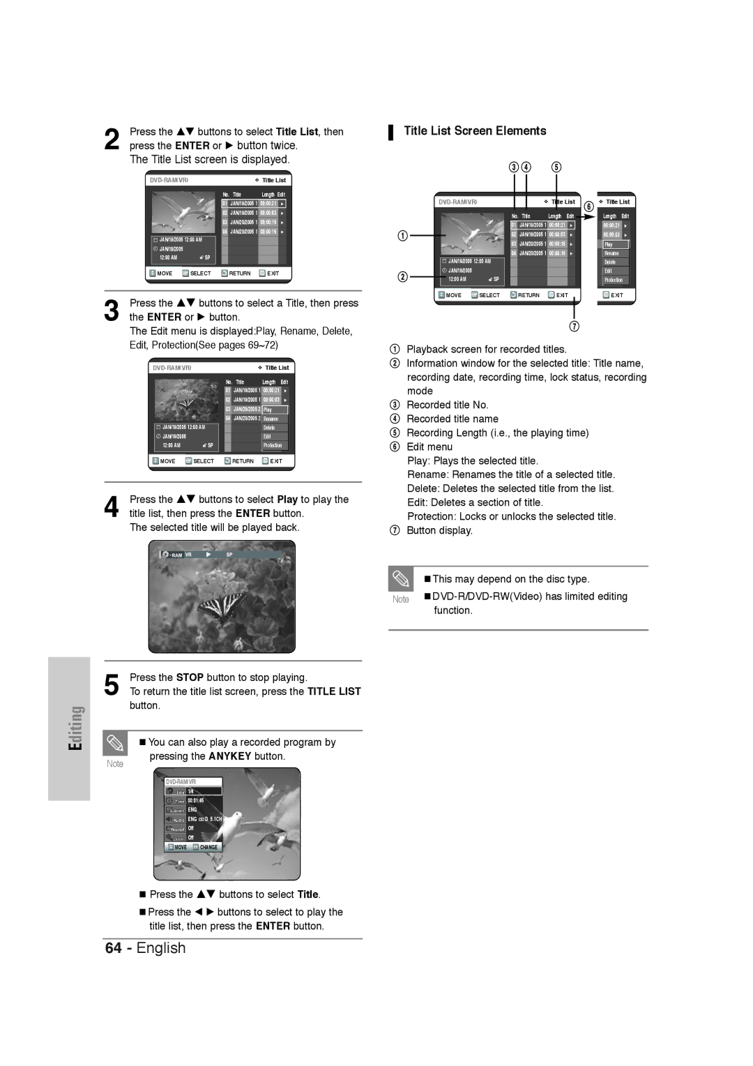 Samsung DVD-VR320 instruction manual Title List Screen Elements 