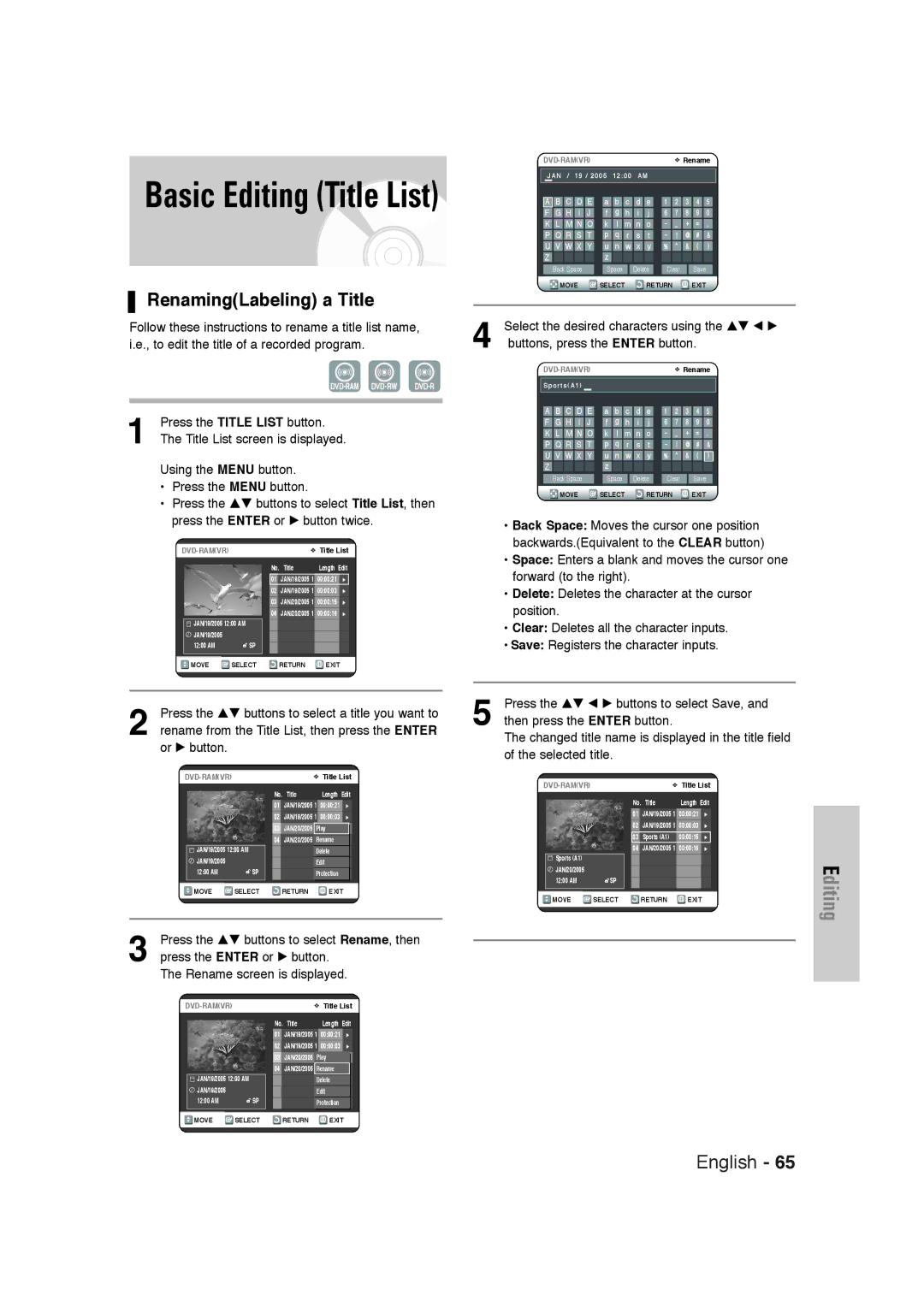 Samsung DVD-VR320 instruction manual Basic Editing Title List, RenamingLabeling a Title 