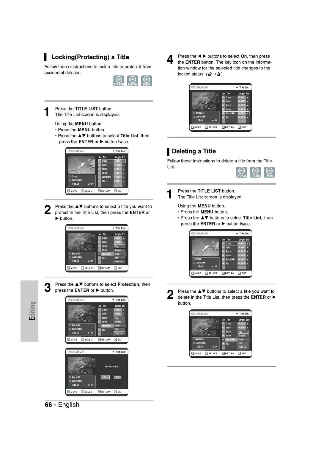 Samsung DVD-VR320 instruction manual LockingProtecting a Title, Deleting a Title 