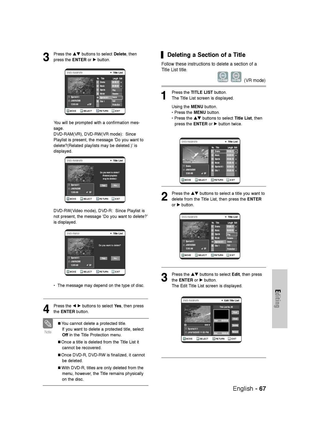 Samsung DVD-VR320 instruction manual Deleting a Section of a Title, You cannot delete a protected title 