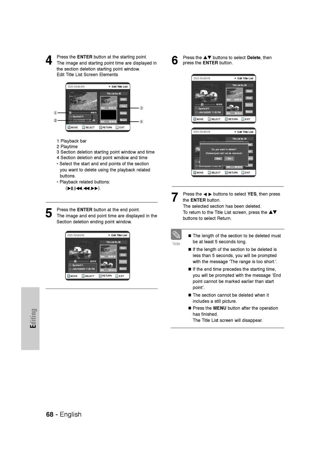 Samsung DVD-VR320 Press the Enter button at the starting point, Image and starting point time are displayed 