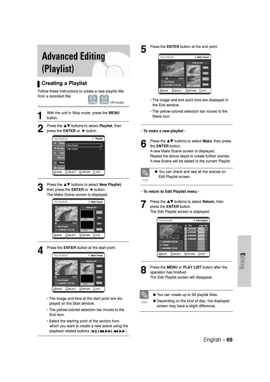 Samsung DVD-VR320 instruction manual Advanced Editing, Creating a Playlist, Edit Playlist screen is displayed 