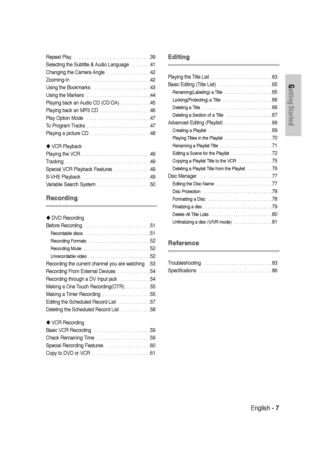 Samsung DVD-VR320 instruction manual Reference 