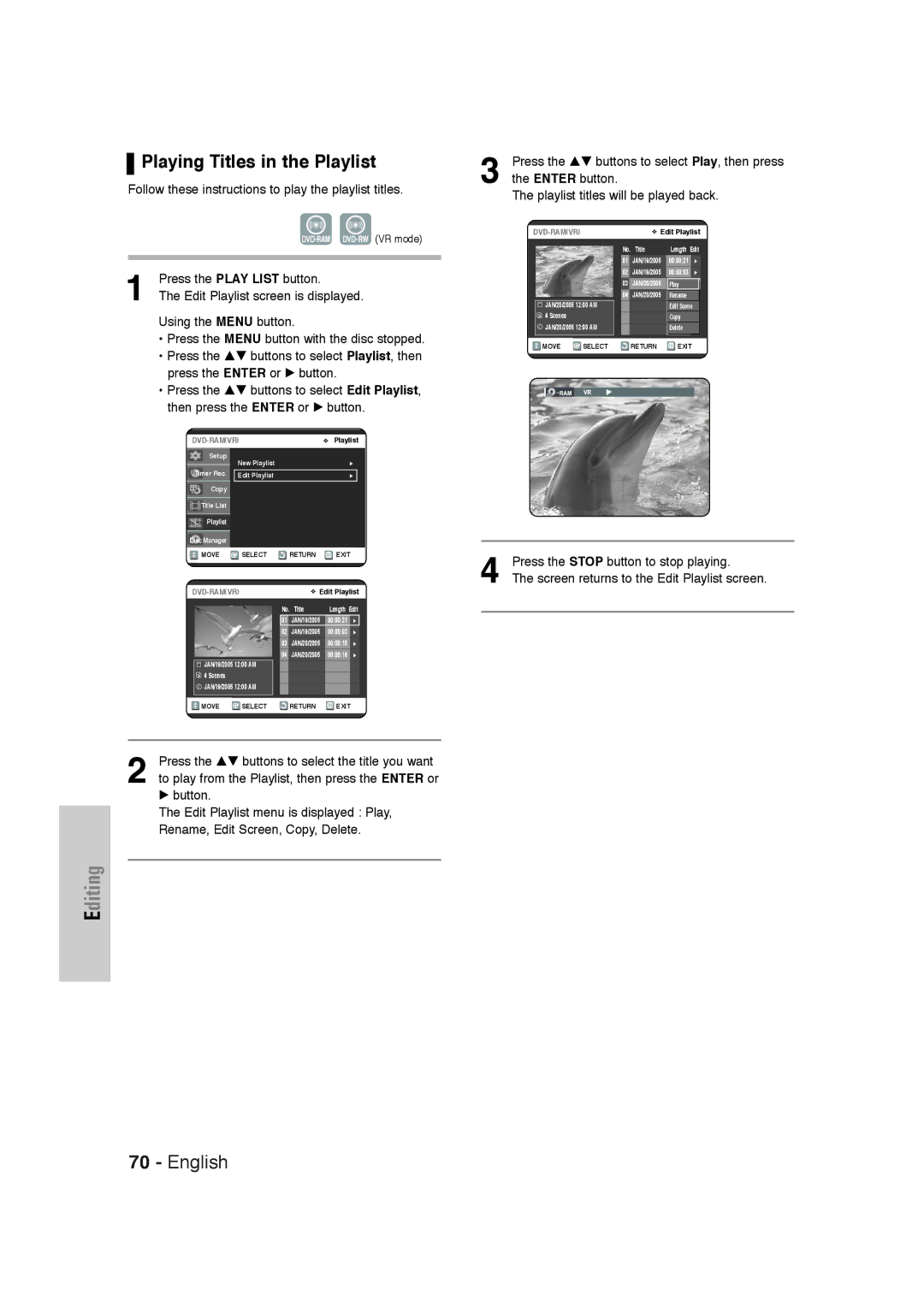 Samsung DVD-VR320 instruction manual Playing Titles in the Playlist 