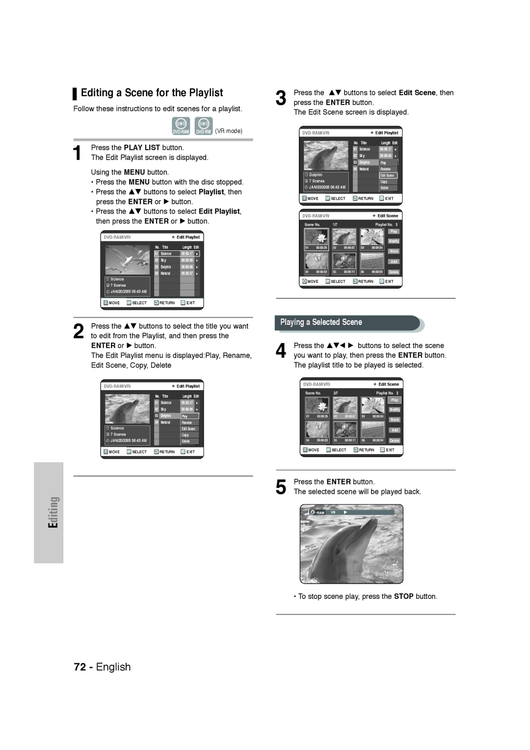 Samsung DVD-VR320 Editing a Scene for the Playlist, Press the Enter button Selected scene will be played back 