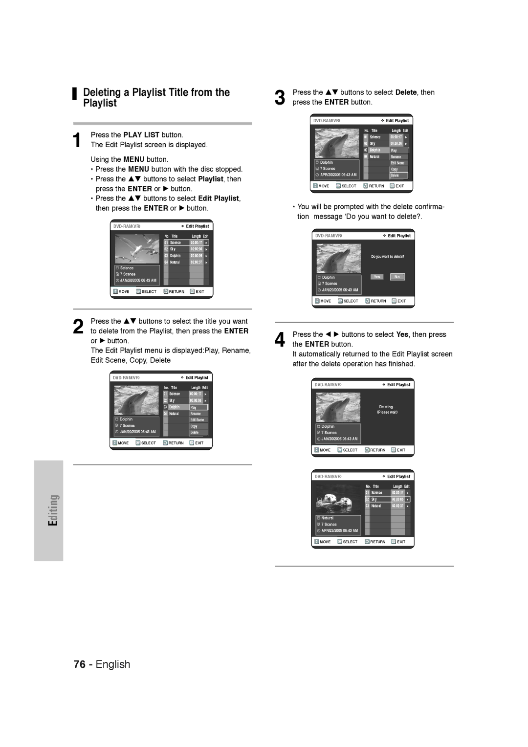 Samsung DVD-VR320 Deleting a Playlist Title from the Playlist, It automatically returned to the Edit Playlist screen 