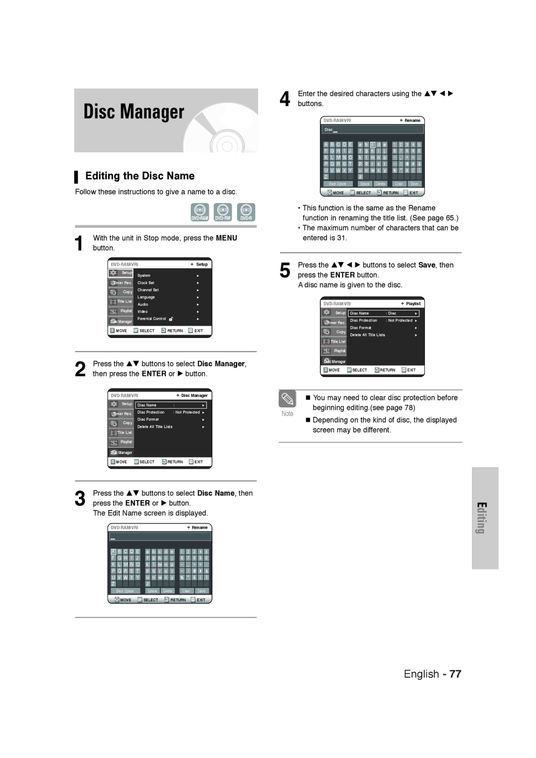 Samsung DVD-VR320 Disc Manager, Editing the Disc Name, Follow these instructions to give a name to a disc, Button 