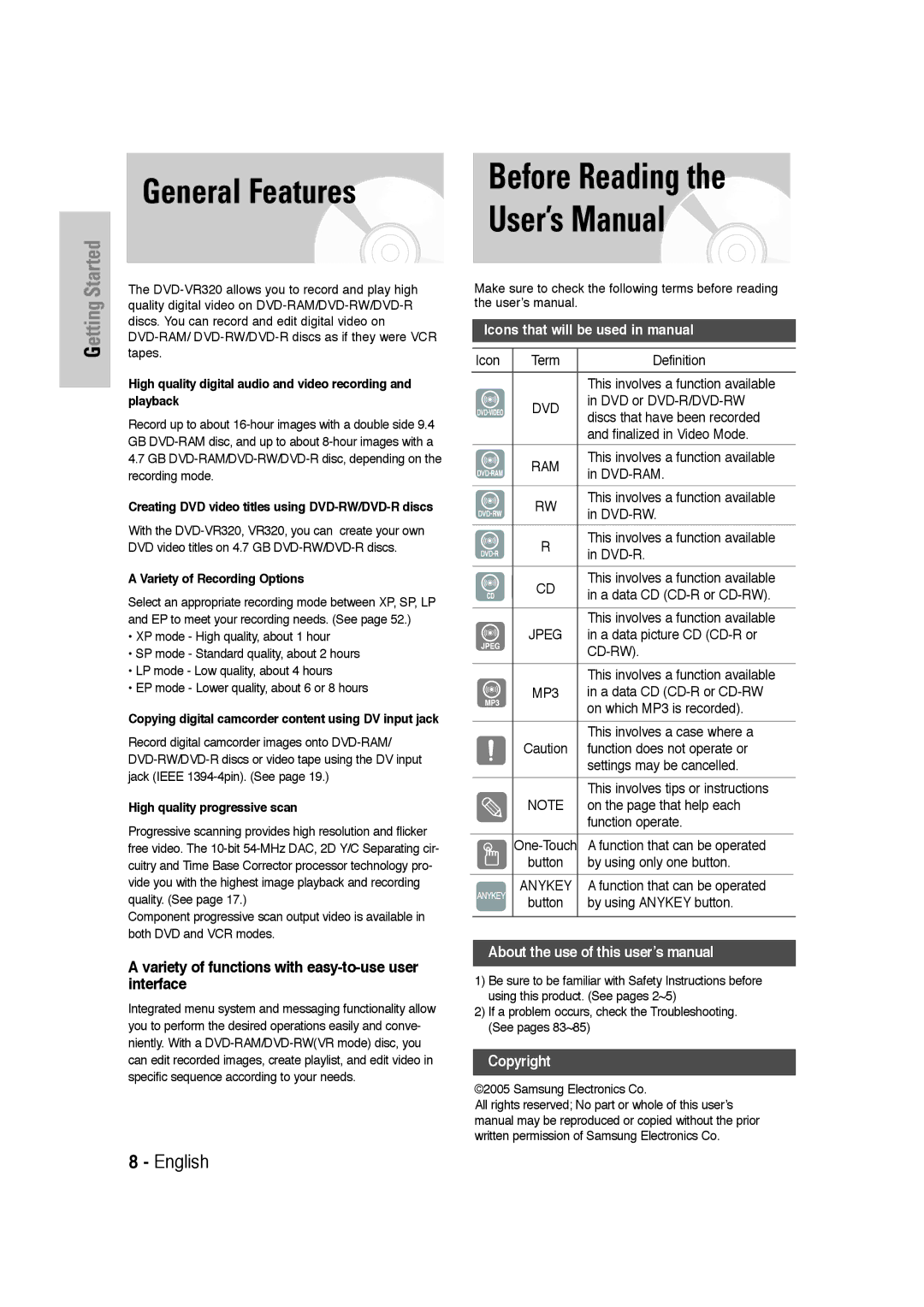 Samsung DVD-VR320 Before Reading User’s Manual, General Features, Variety of functions with easy-to-use user interface 