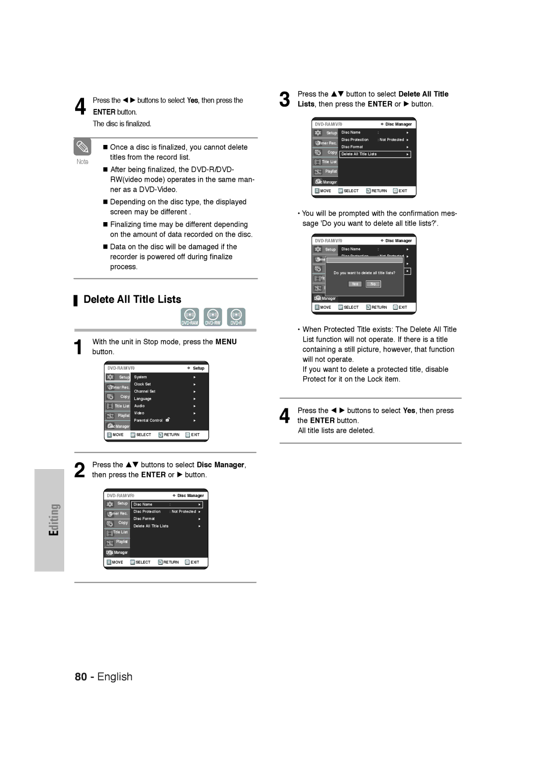 Samsung DVD-VR320 instruction manual Delete All Title Lists 