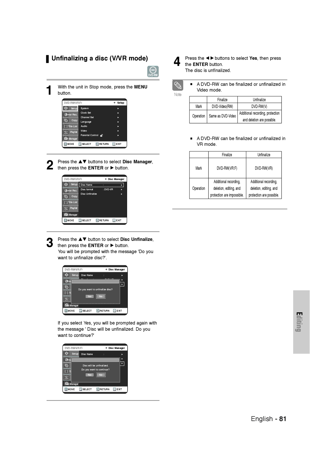 Samsung DVD-VR320 Unfinalizing a disc V/VR mode, Disc is unfinalized, Press the …† button to select Disc Unfinalize 