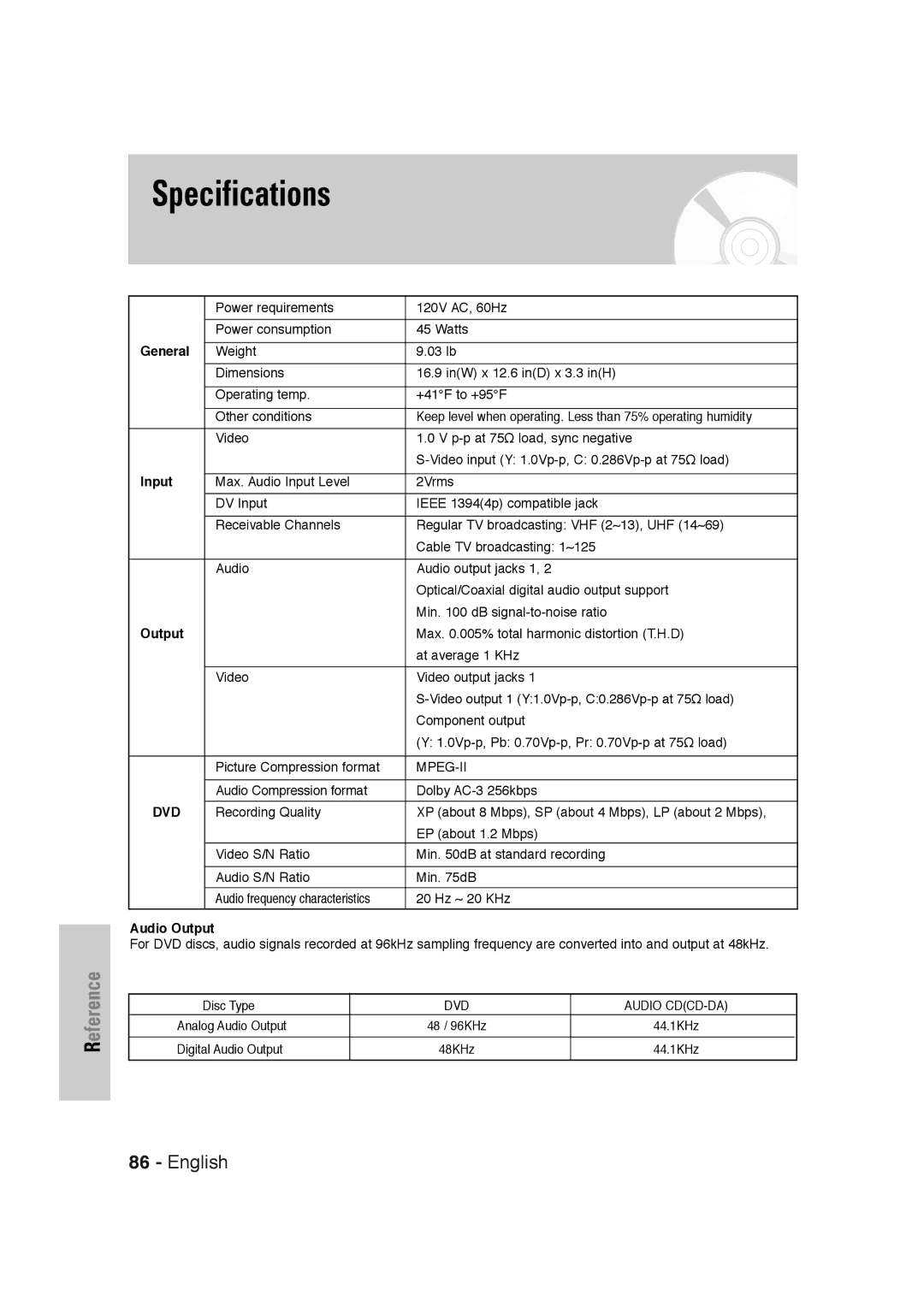 Samsung DVD-VR320 instruction manual Specifications, General, Input, Audio Output 