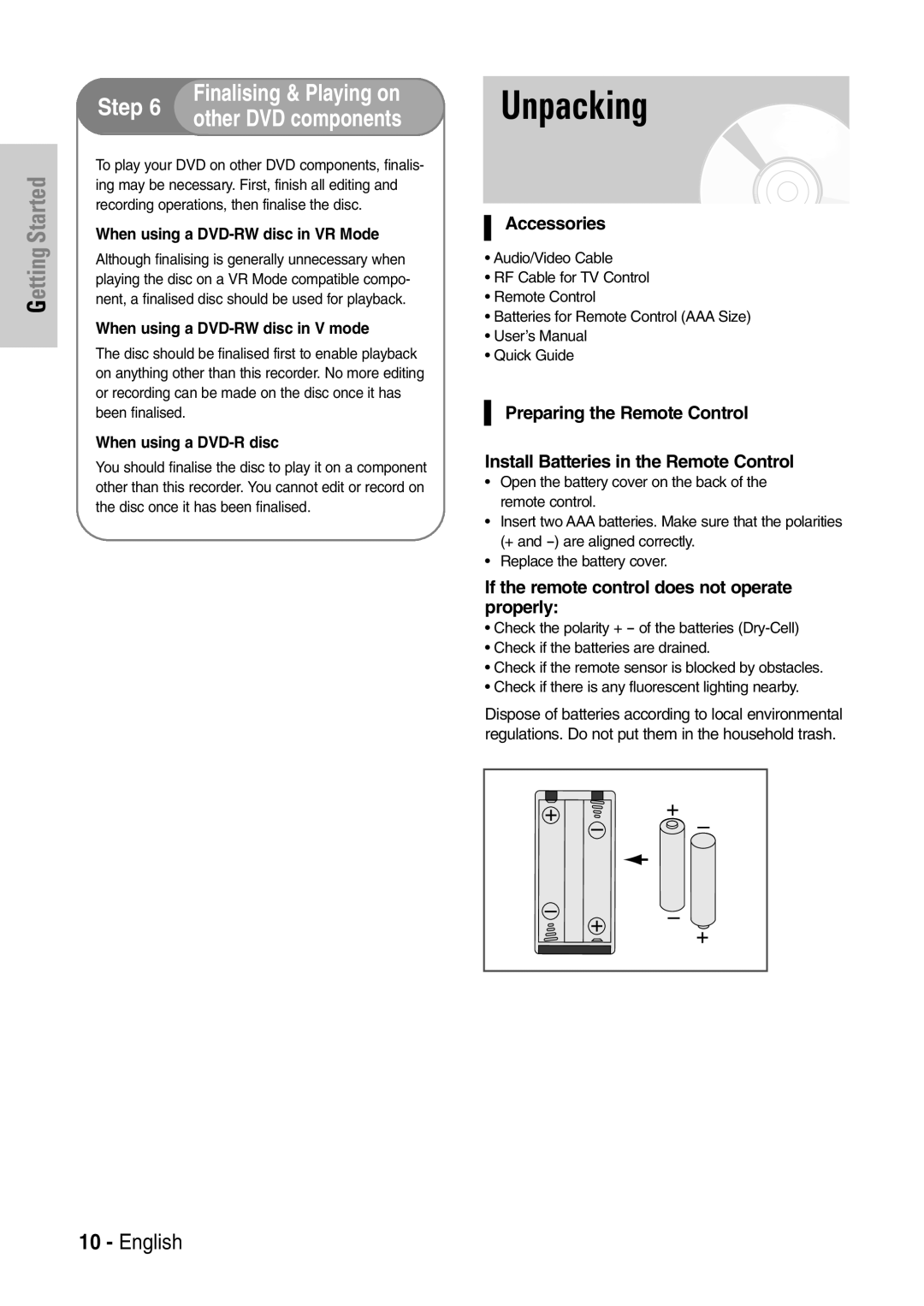 Samsung DVD-VR320/EUR manual Unpacking, Accessories, If the remote control does not operate properly 