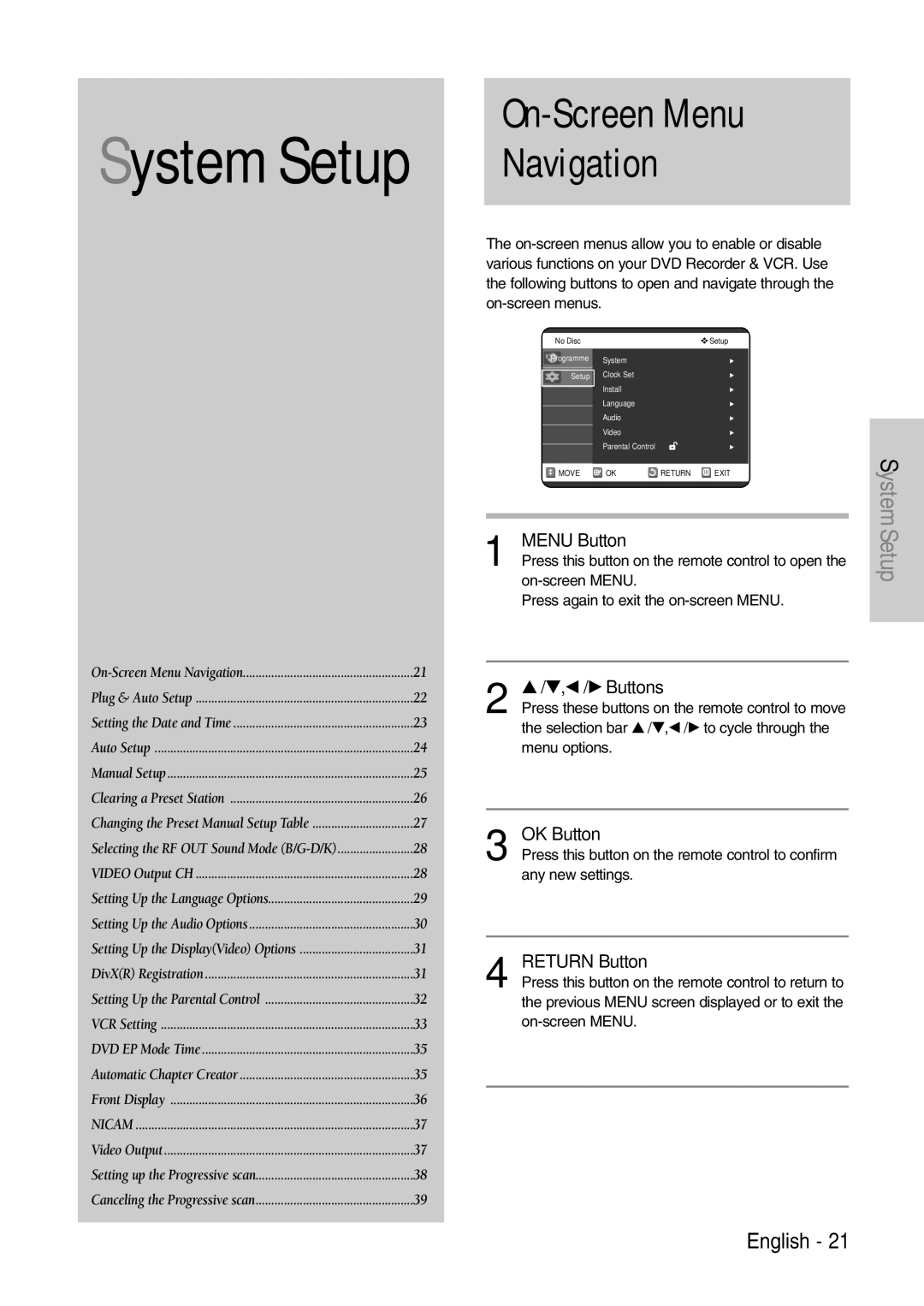 Samsung DVD-VR320/EUR manual On-Screen Menu Navigation, … / †, œ / √ Buttons, OK Button, Return Button 