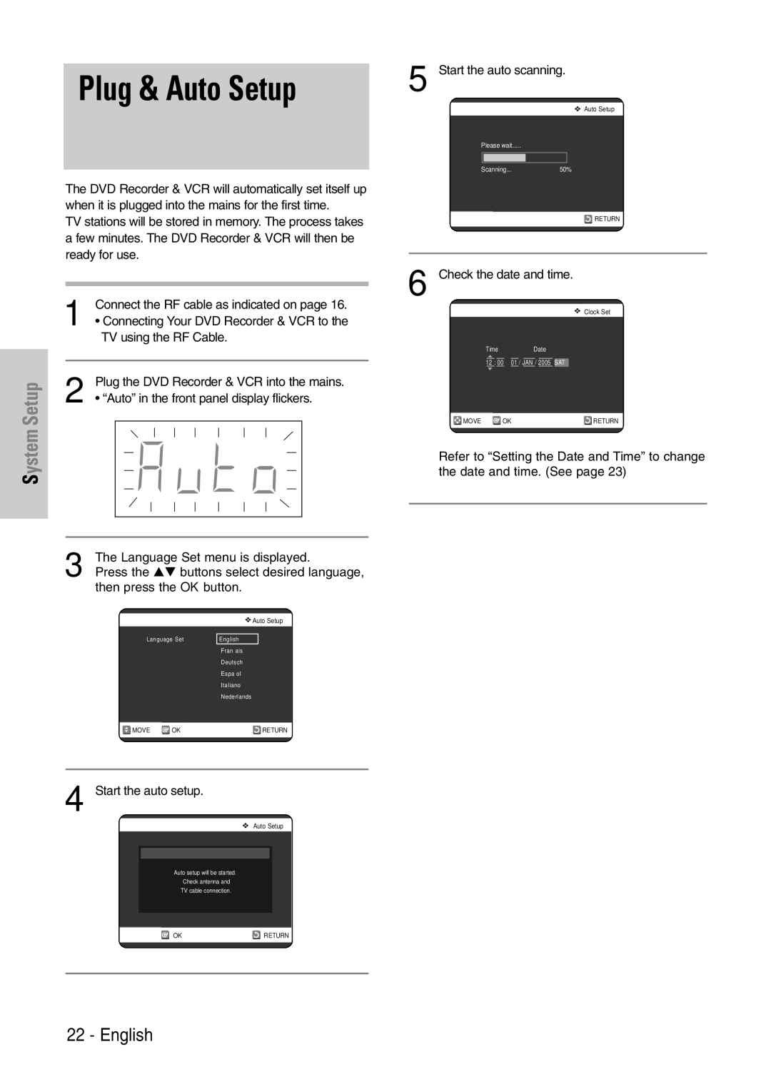 Samsung DVD-VR320/EUR Plug & Auto Setup, Language Set menu is displayed, Press the …† buttons select desired language 