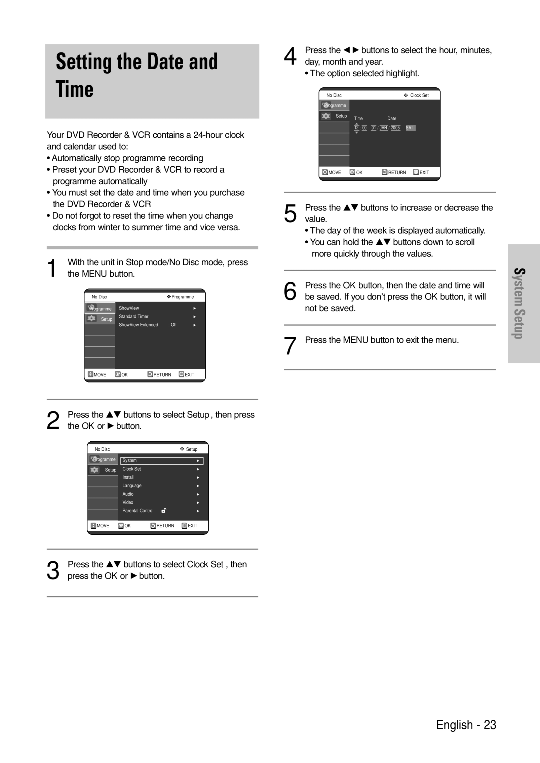 Samsung DVD-VR320/EUR manual Setting the Date and Time, With the unit in Stop mode/No Disc mode, press, Menu button 