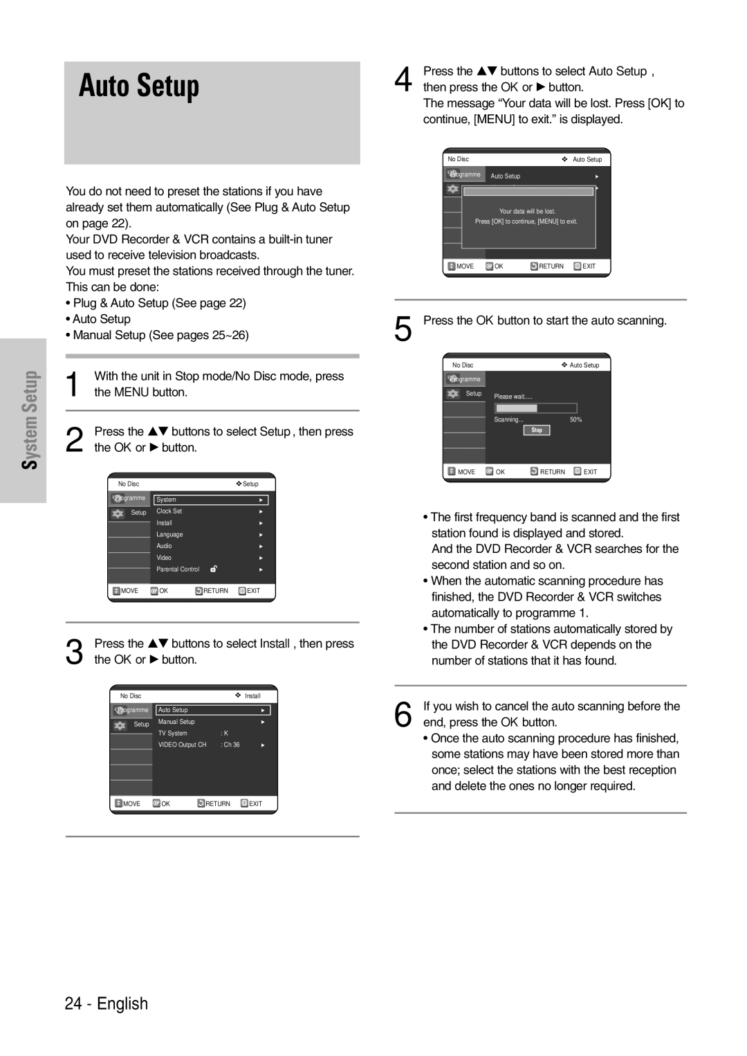 Samsung DVD-VR320/EUR manual Press the …† buttons to select Auto Setup, Then press the OK or √ button 