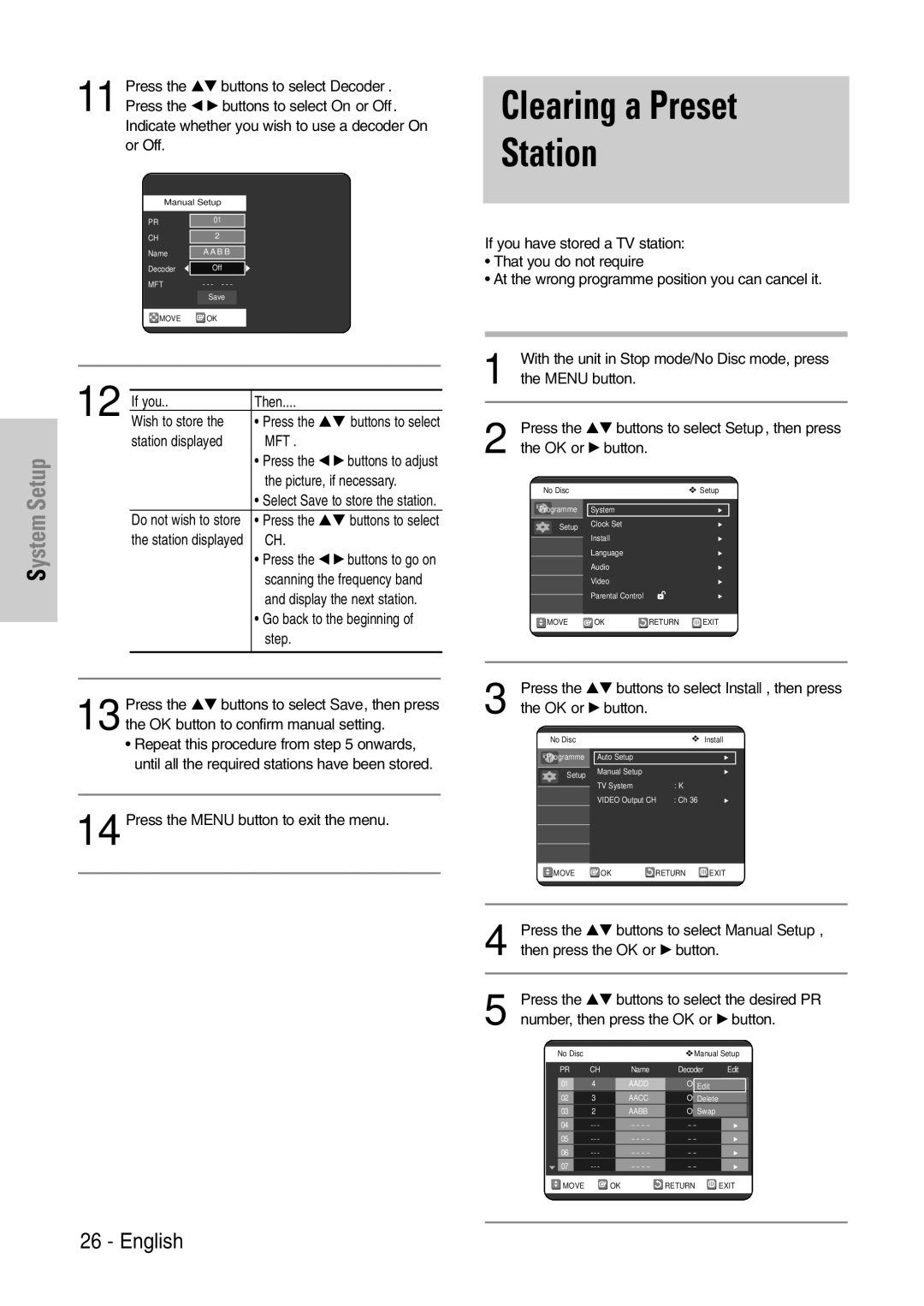 Samsung DVD-VR320/EUR manual Clearing a Preset Station, Press the …† buttons to select Decoder, Or Off 