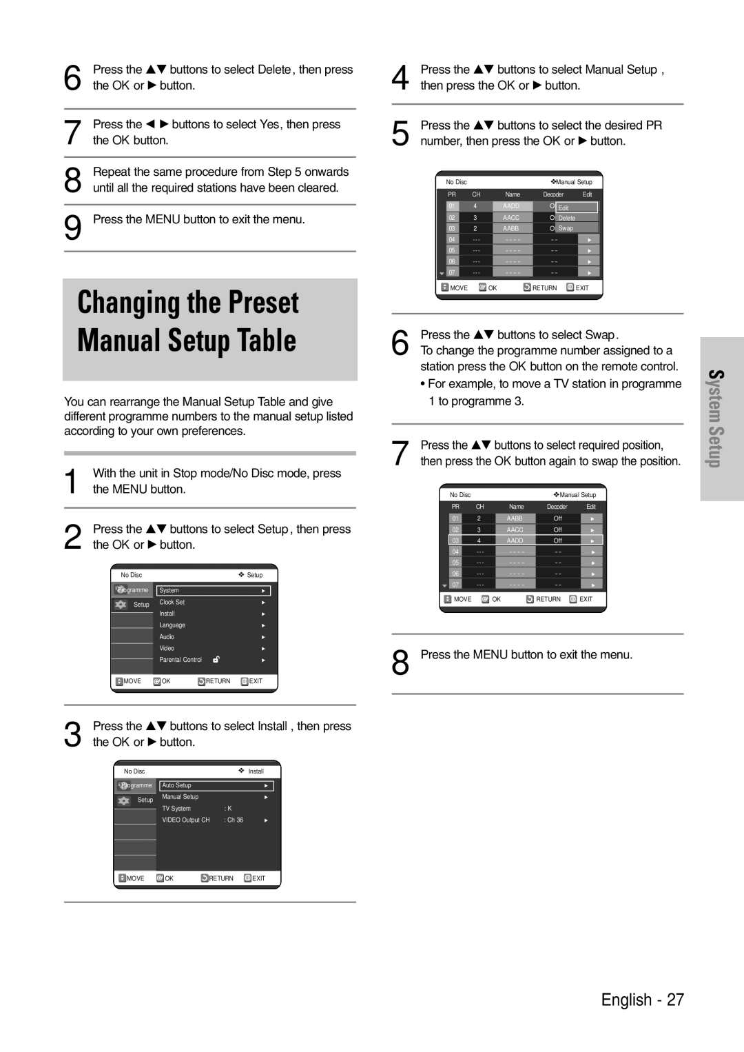 Samsung DVD-VR320/EUR manual Press the …† buttons to select Manual Setup, Press the …† buttons to select Swap 