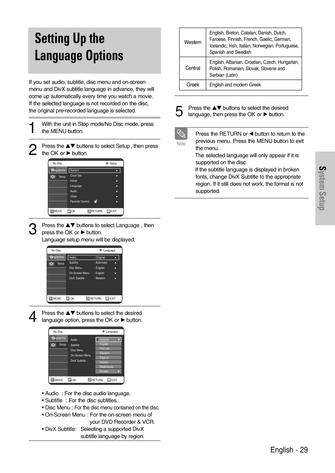 Samsung DVD-VR320/EUR manual Setting Up Language Options, Press the …† buttons to select Language, then 