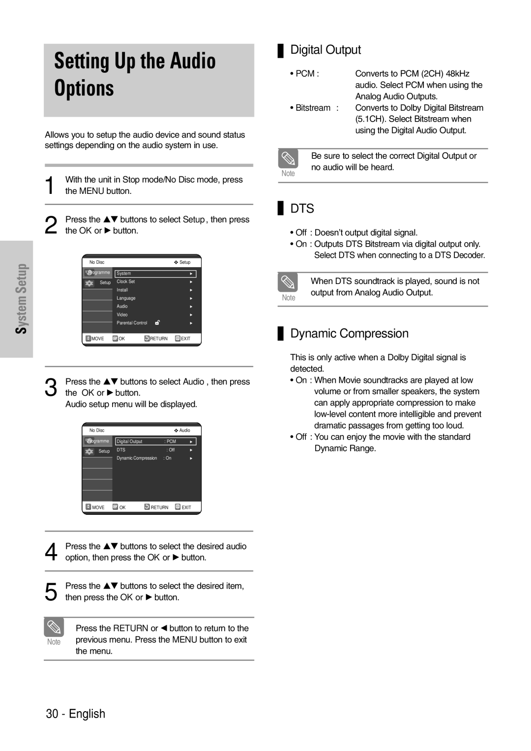 Samsung DVD-VR320/EUR manual Setting Up the Audio Options, Digital Output, Dynamic Compression 