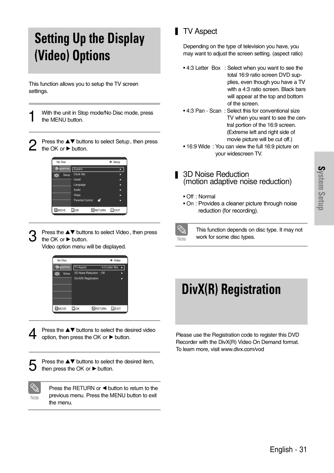 Samsung DVD-VR320/EUR manual DivXR Registration, TV Aspect, 3D Noise Reduction, Motion adaptive noise reduction 