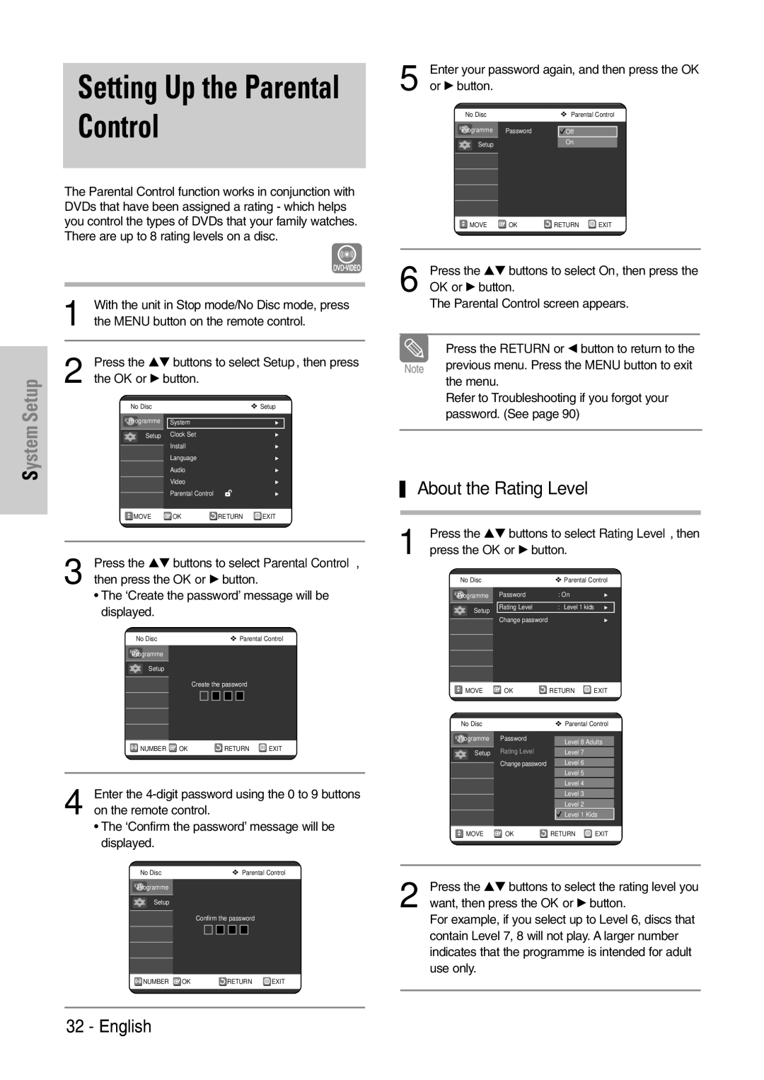 Samsung DVD-VR320/EUR manual Setting Up the Parental Control, About the Rating Level, Or √ button, Press the OK or √ button 