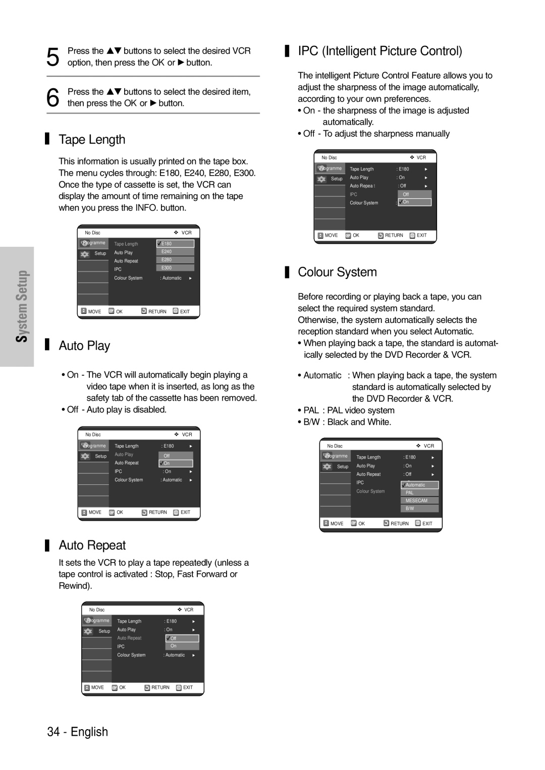 Samsung DVD-VR320/EUR manual Tape Length, Auto Play, Auto Repeat, IPC Intelligent Picture Control, Colour System 