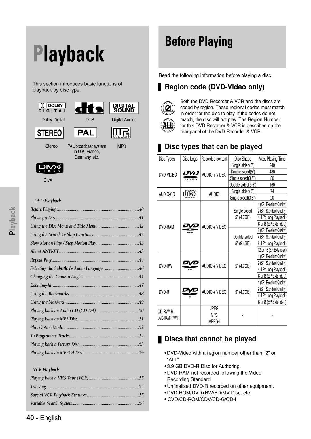 Samsung DVD-VR320/EUR manual Before Playing, Region code DVD-Video only, Disc types that can be played 