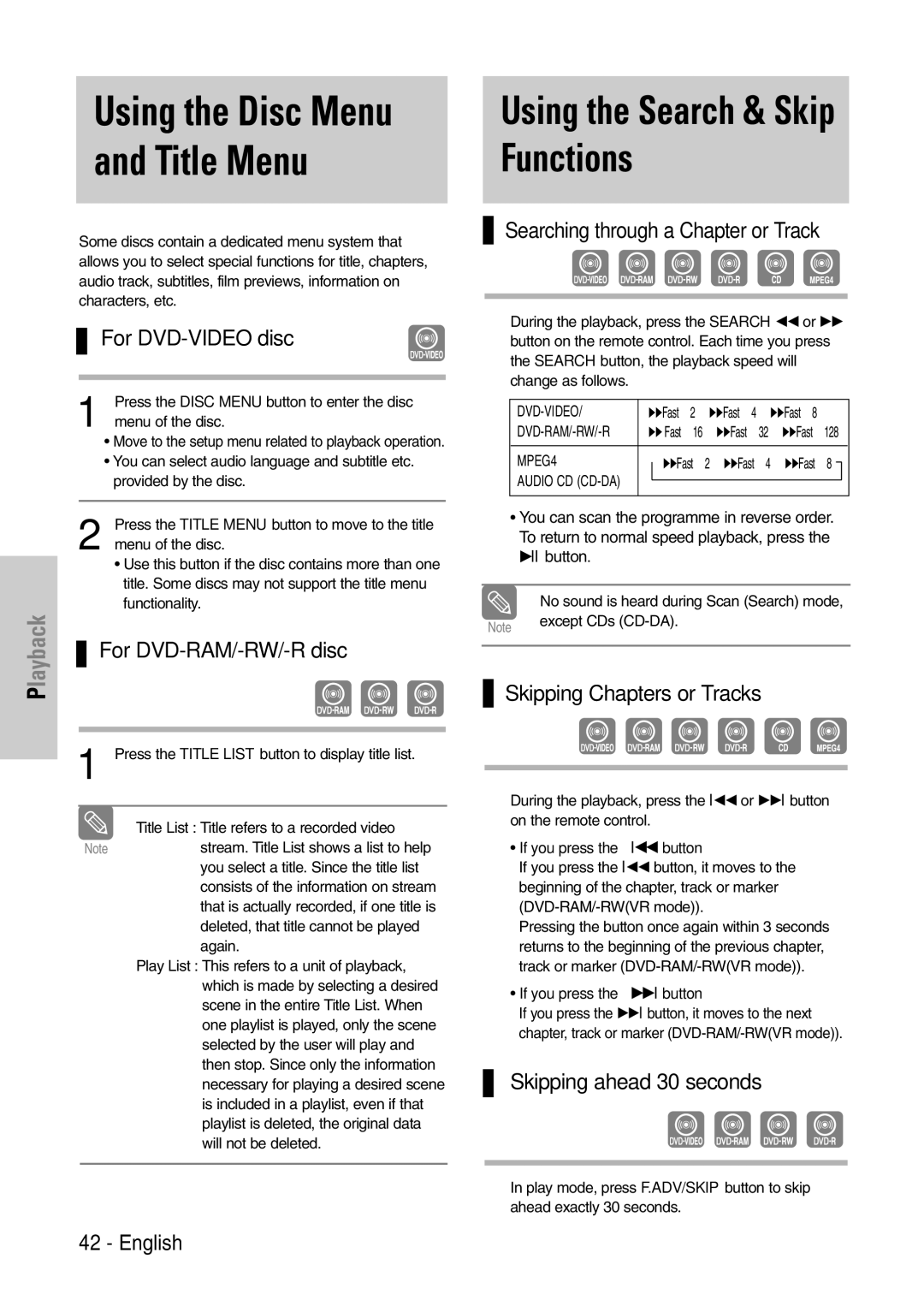 Samsung DVD-VR320/EUR manual Using the Search & Skip Functions 