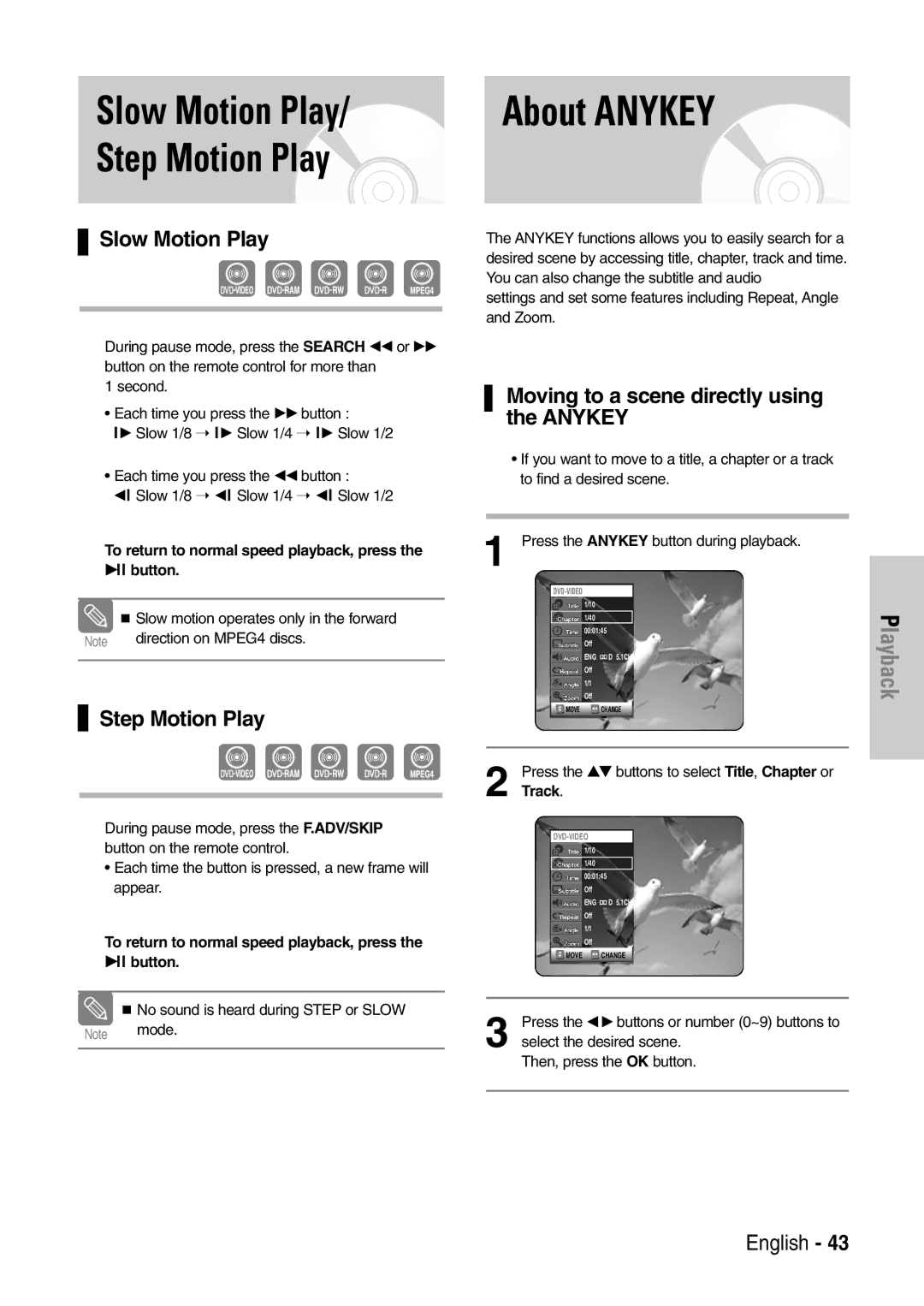 Samsung DVD-VR320/EUR manual About Anykey, Slow Motion Play Step Motion Play, Moving to a scene directly using the Anykey 