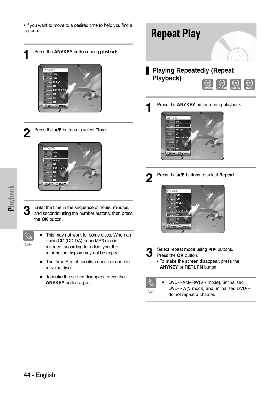 Samsung DVD-VR320/EUR manual Playing Repeatedly Repeat Playback, Enter the time in the sequence of hours, minutes 