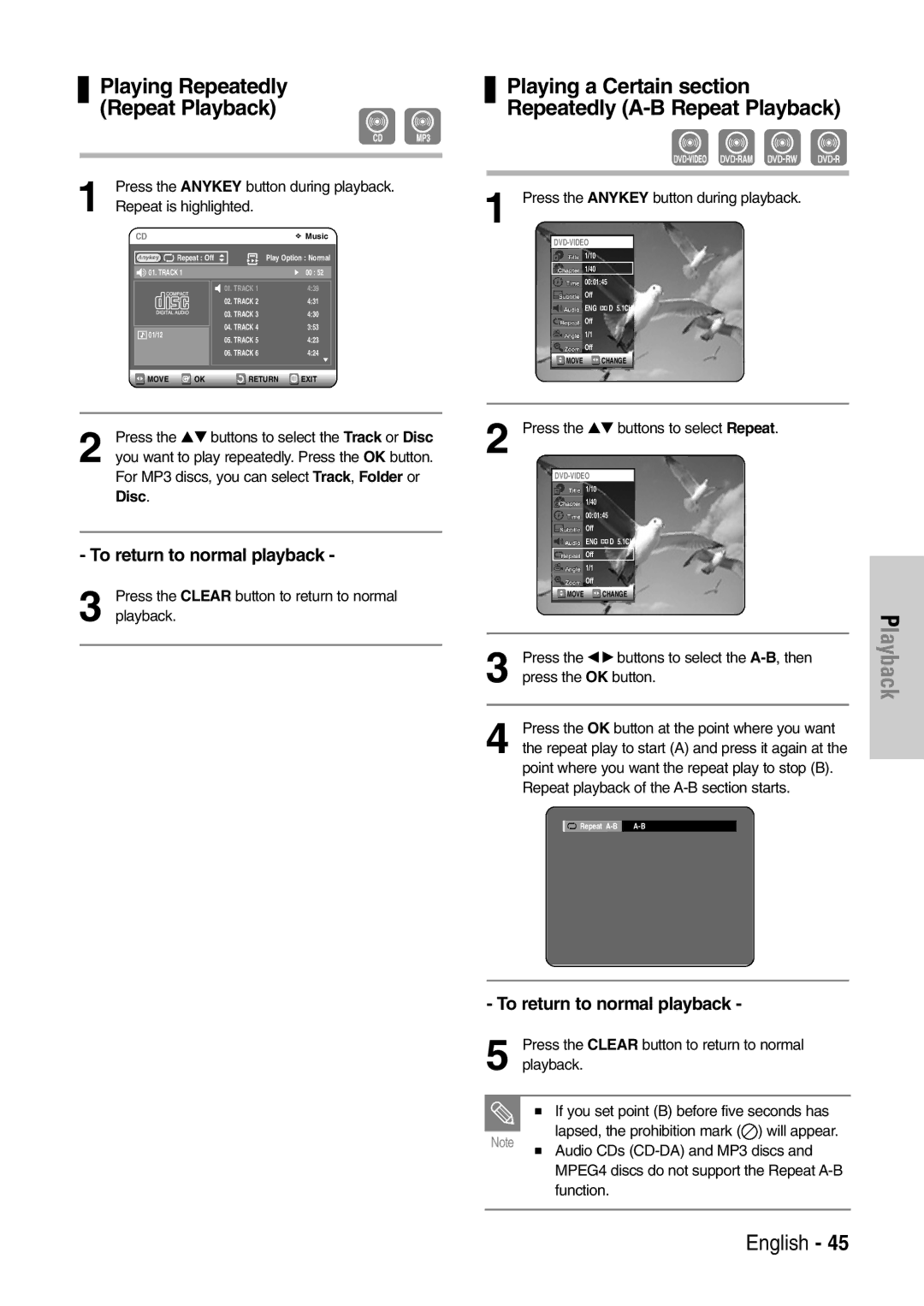 Samsung DVD-VR320/EUR manual To return to normal playback, Press the Anykey button during playback, Repeat is highlighted 