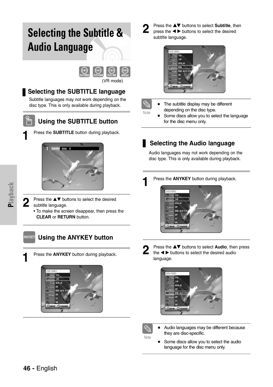 Samsung DVD-VR320/EUR manual Selecting the Subtitle language, Using the Subtitle button, Using the Anykey button 