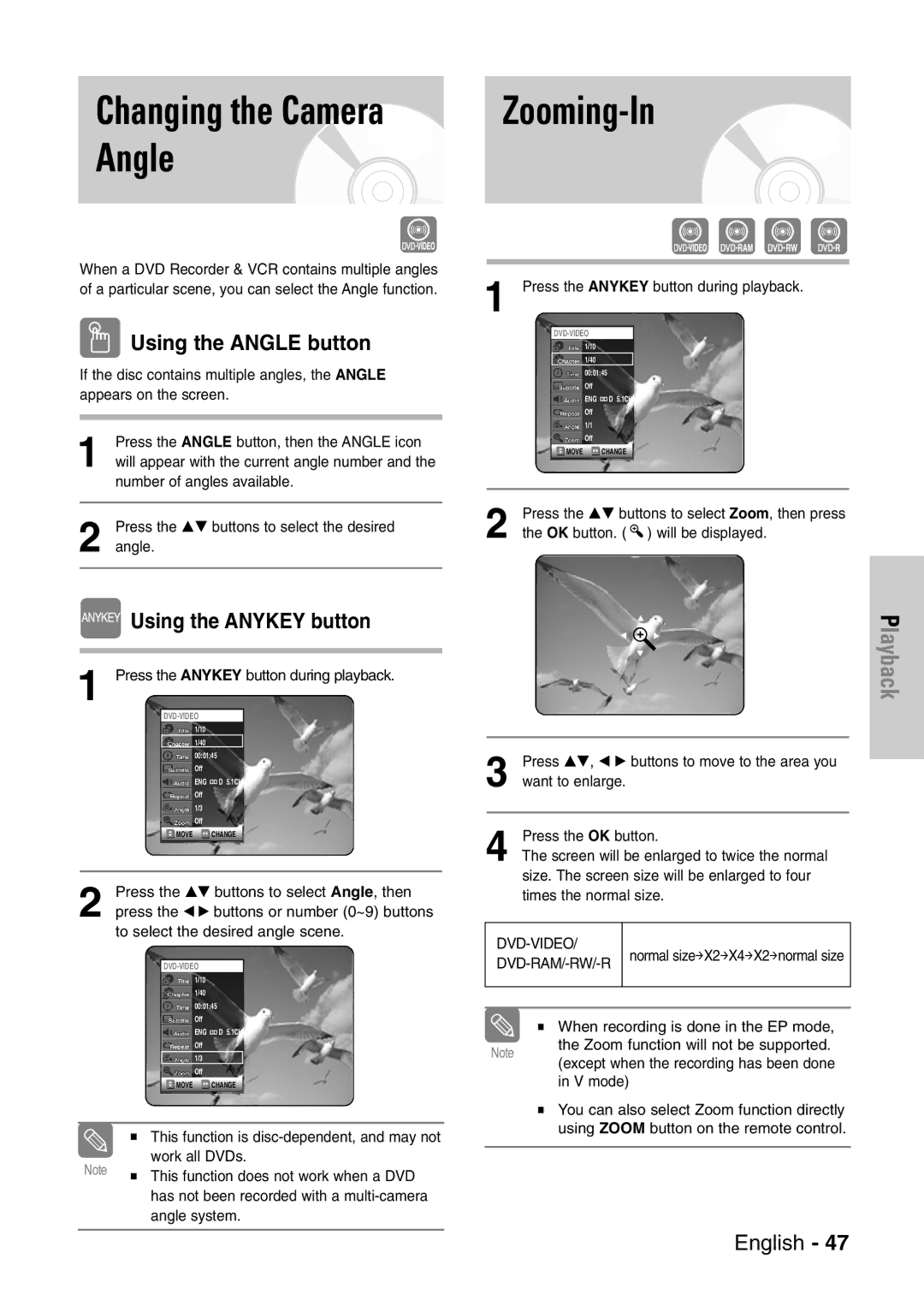 Samsung DVD-VR320/EUR manual Zooming-In, Using the Angle button 