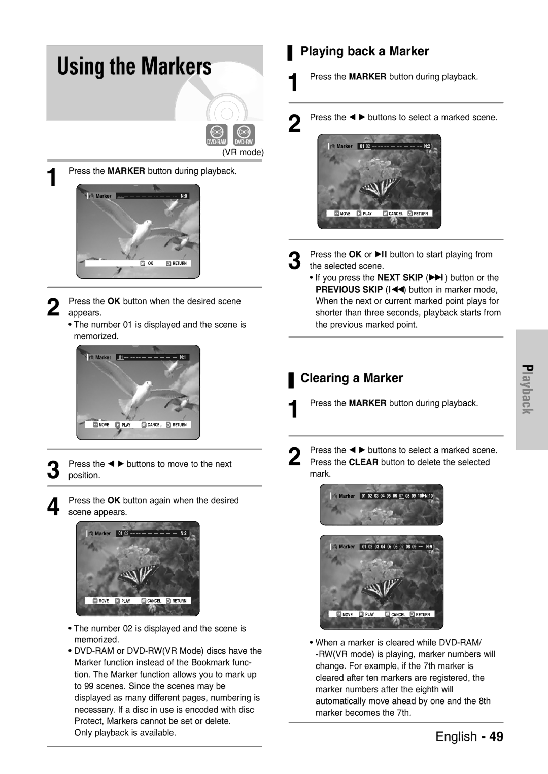 Samsung DVD-VR320/EUR manual Using the Markers, Playing back a Marker, Clearing a Marker 