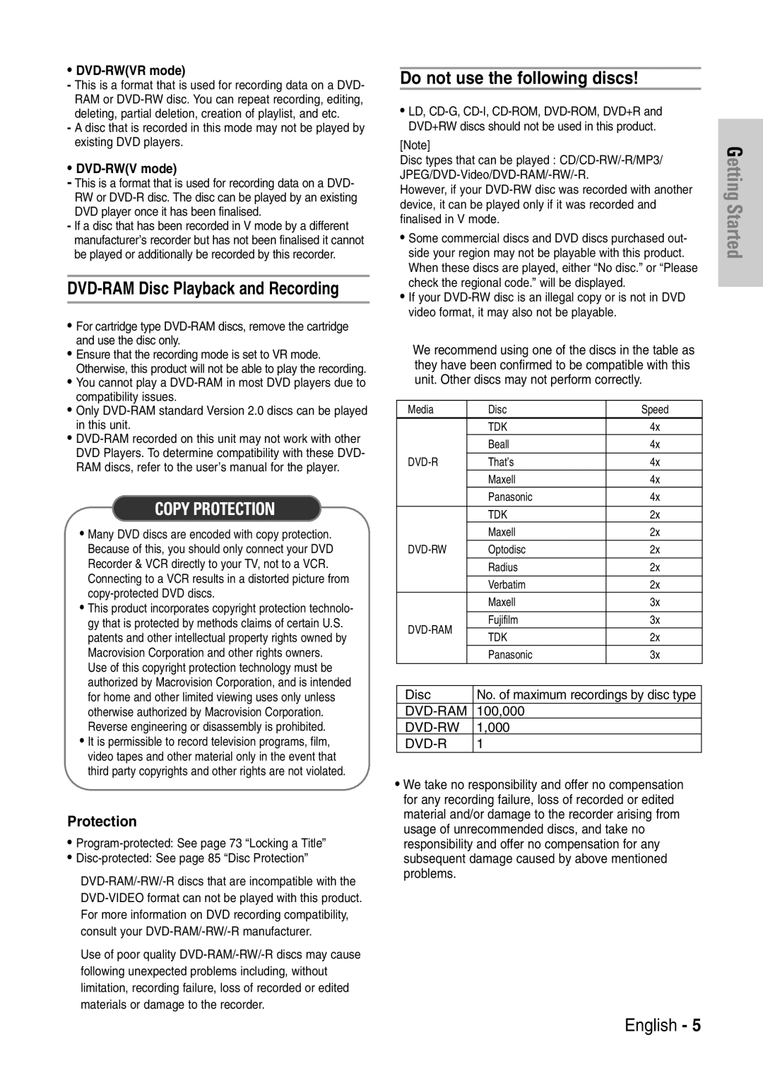 Samsung DVD-VR320/EUR manual Do not use the following discs, Protection 