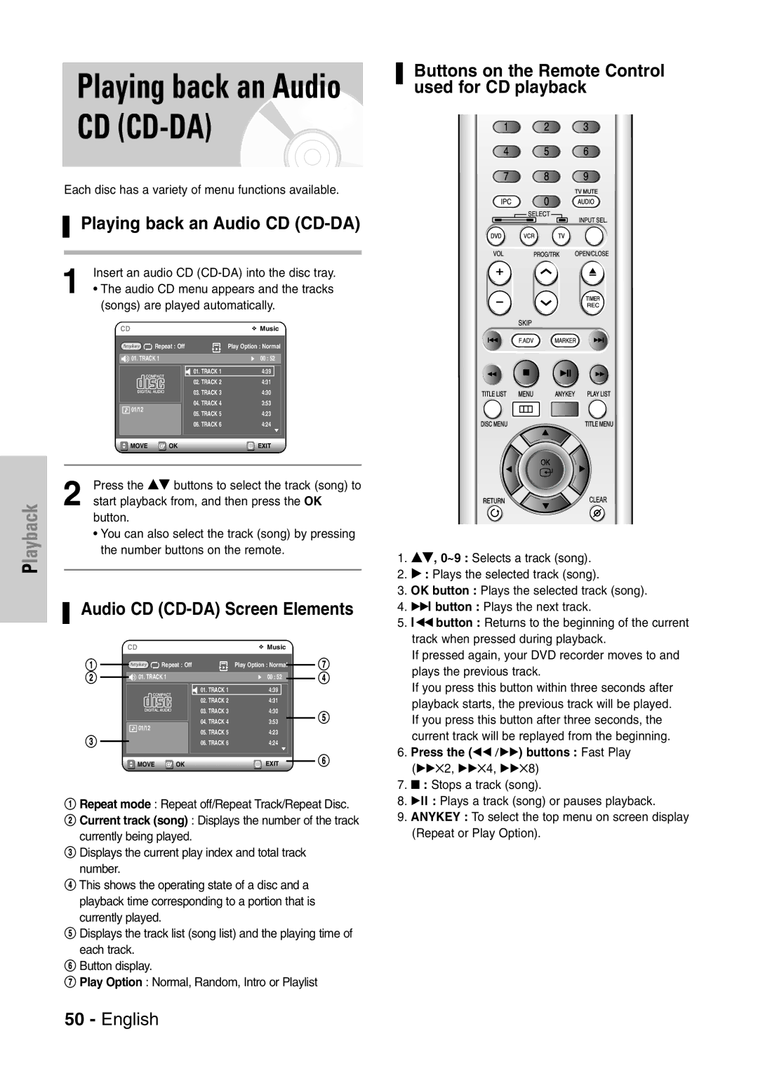 Samsung DVD-VR320/EUR manual Playing back an Audio CD CD-DA, Audio CD CD-DA Screen Elements 