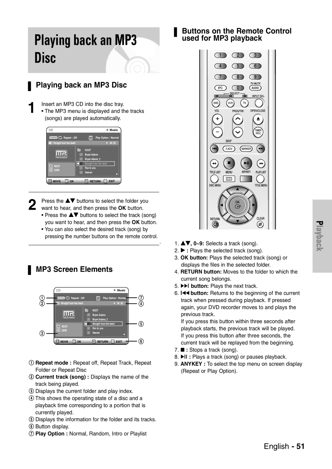 Samsung DVD-VR320/EUR manual Playing back an MP3 Disc, MP3 Screen Elements, …†, 0~9 Selects a track song 