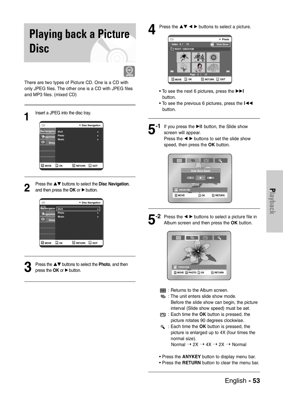 Samsung DVD-VR320/EUR manual Playing back a Picture Disc 