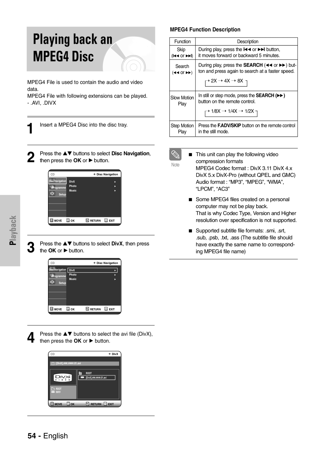 Samsung DVD-VR320/EUR manual Playing back an MPEG4 Disc, Press the …† buttons to select DivX, then press, OK or √ button 