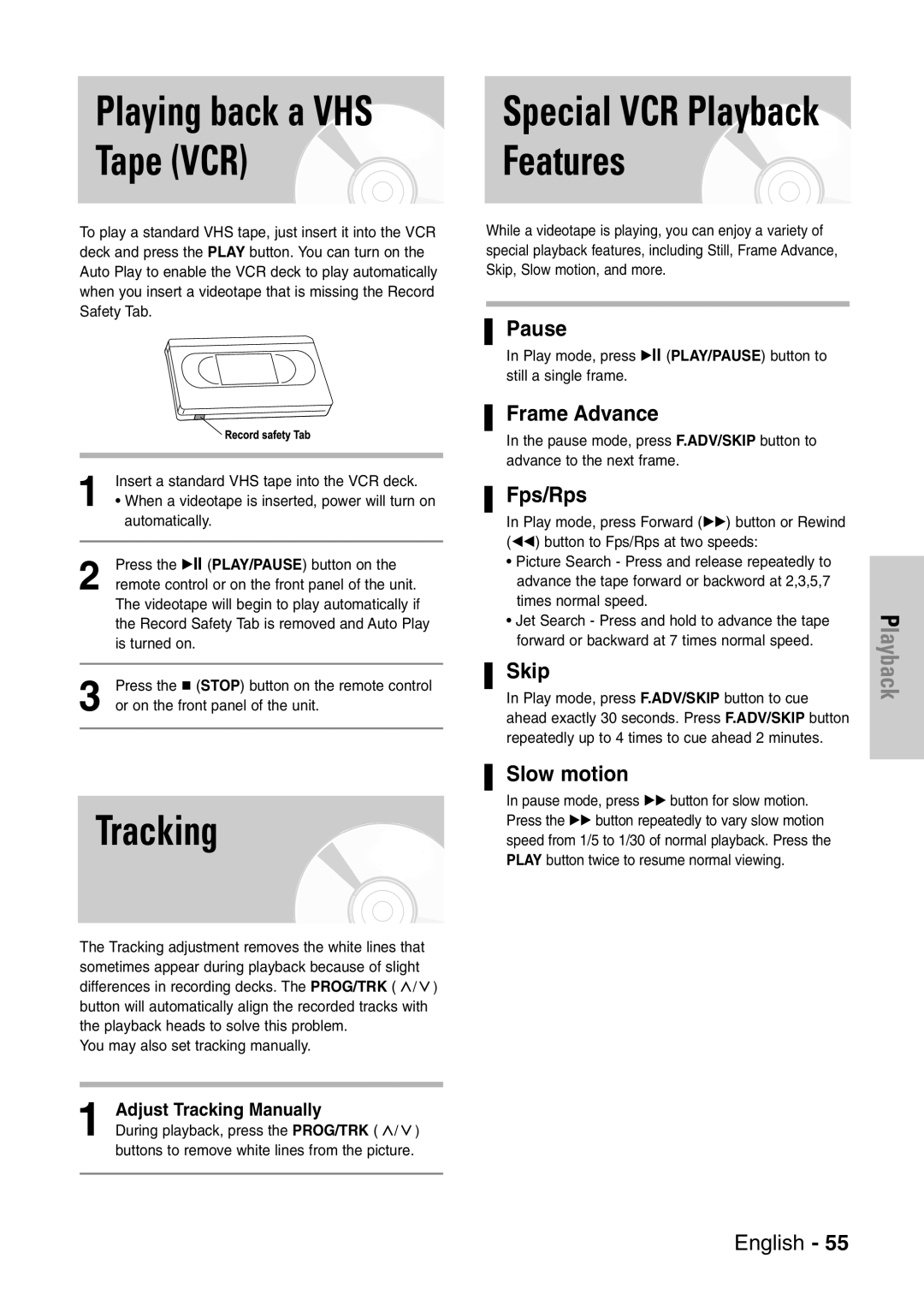 Samsung DVD-VR320/EUR manual Tape VCR Features, Tracking 