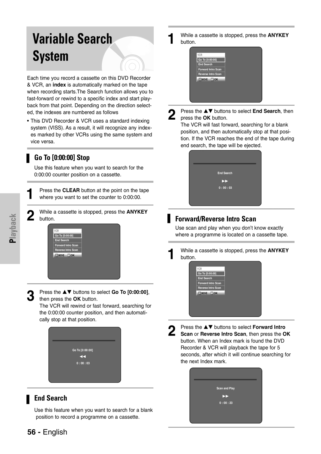 Samsung DVD-VR320/EUR manual Variable Search System, Go To 00000 Stop, End Search, Forward/Reverse Intro Scan 