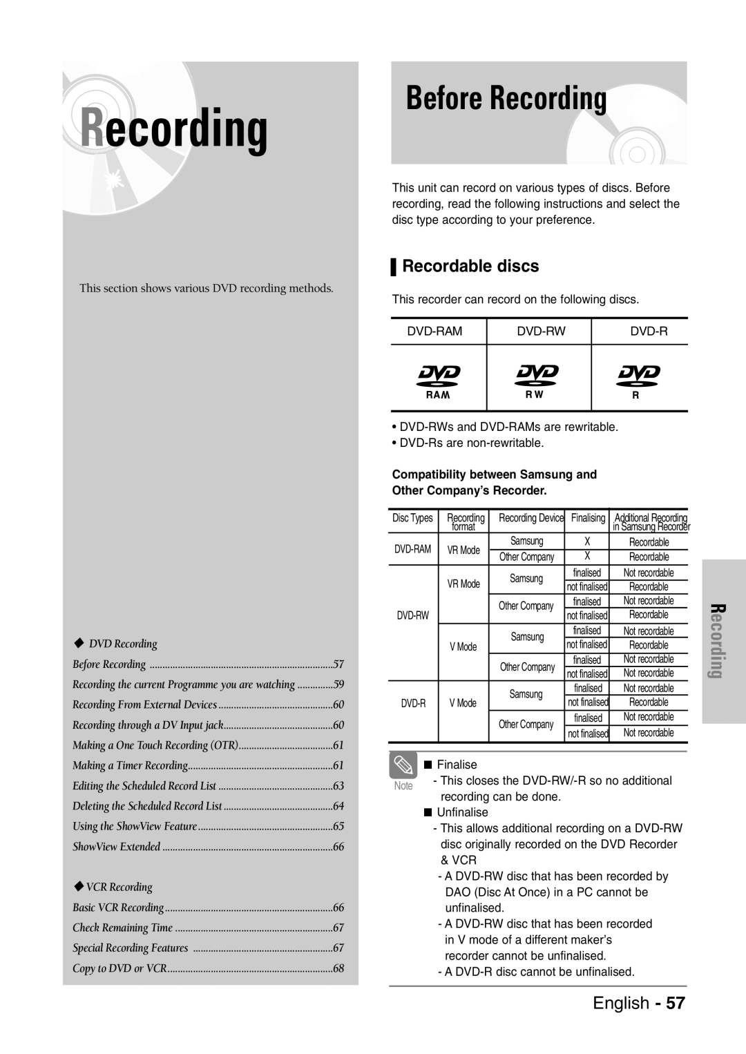 Samsung DVD-VR320/EUR manual Before Recording, Recordable discs, Compatibility between Samsung Other Company’s Recorder 