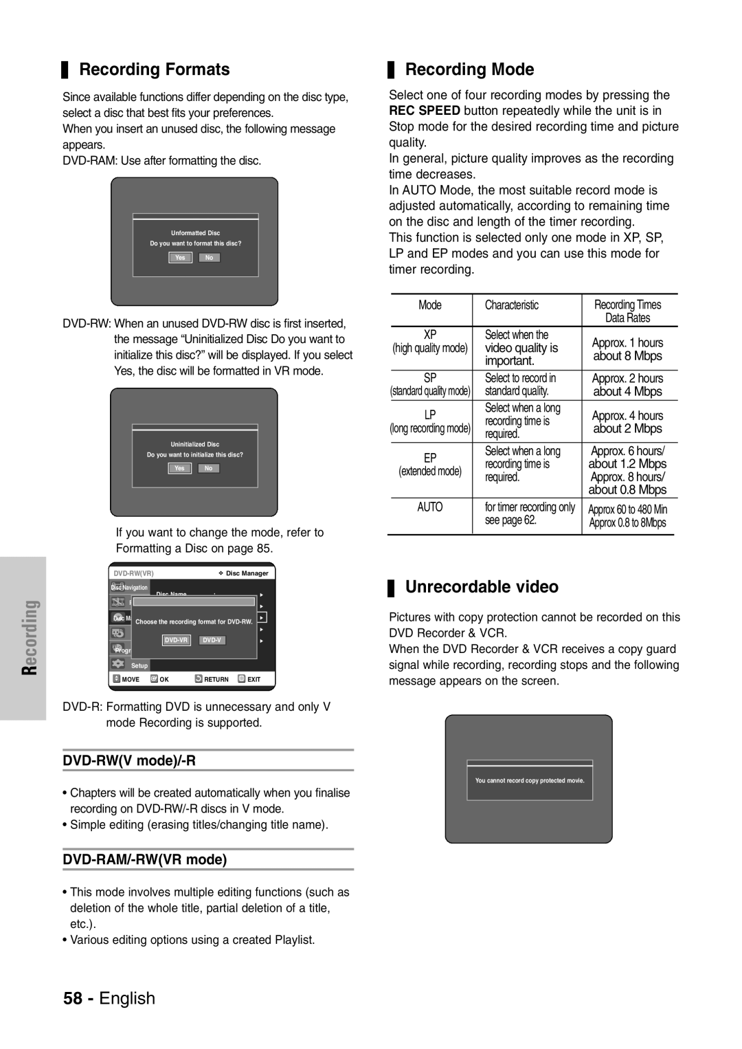 Samsung DVD-VR320/EUR manual Recording Formats, Recording Mode, Unrecordable video, DVD-RWV mode/-R, DVD-RAM/-RWVR mode 