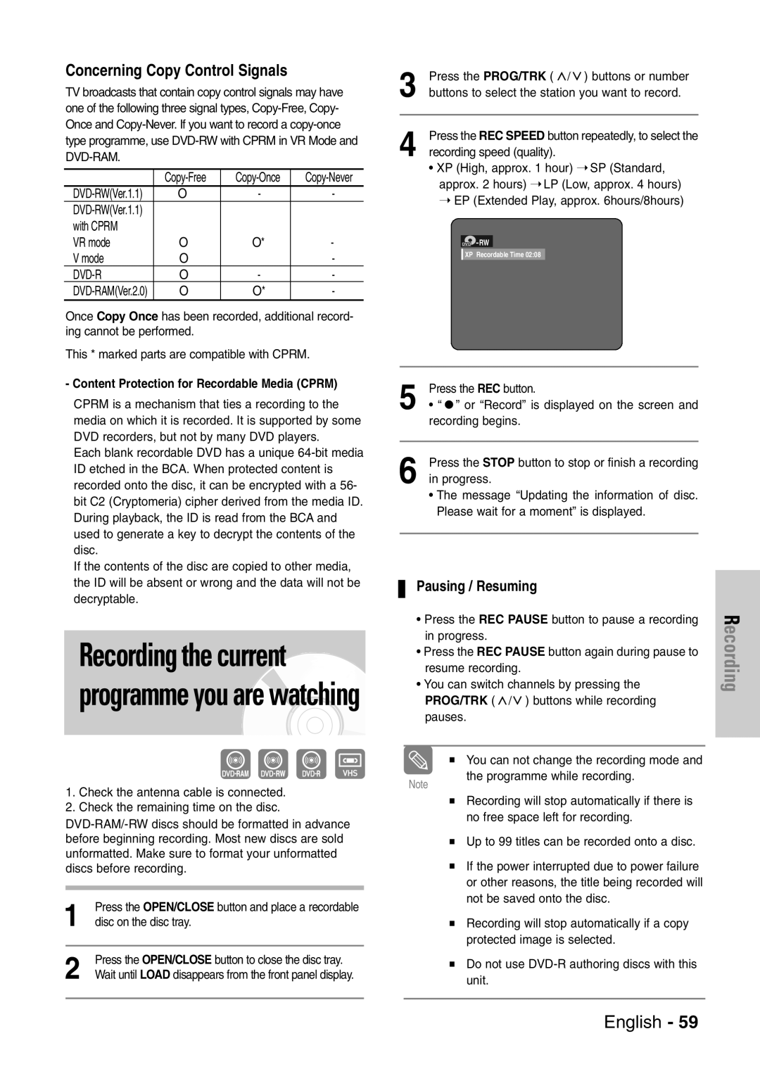 Samsung DVD-VR320/EUR manual Pausing / Resuming, Content Protection for Recordable Media Cprm 