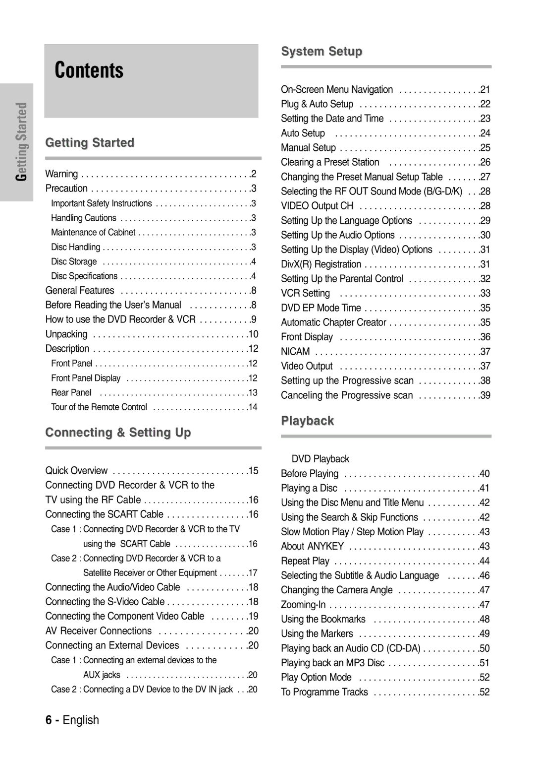 Samsung DVD-VR320/EUR manual Contents 