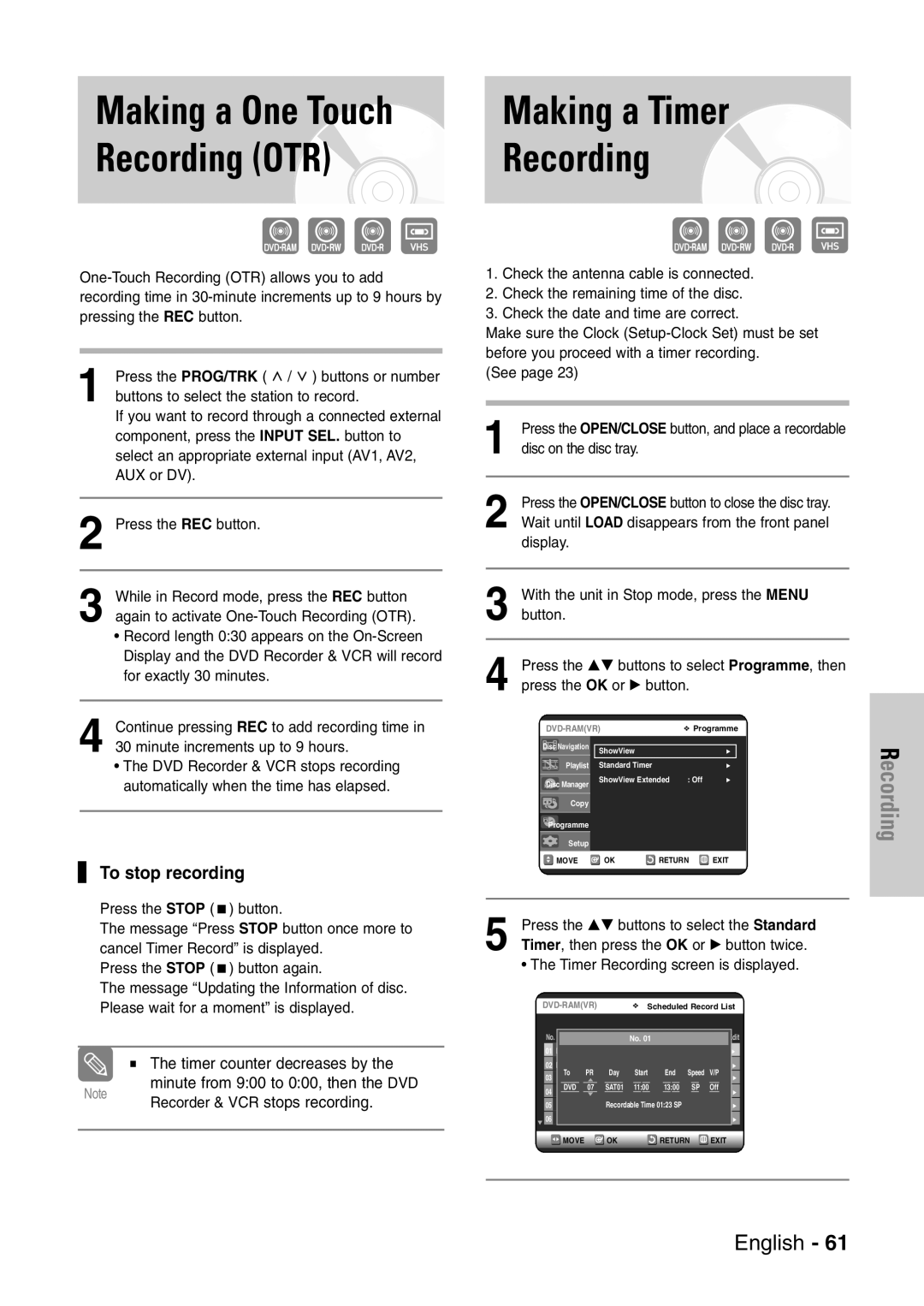 Samsung DVD-VR320/EUR manual Making a Timer, Recording OTR, To stop recording 